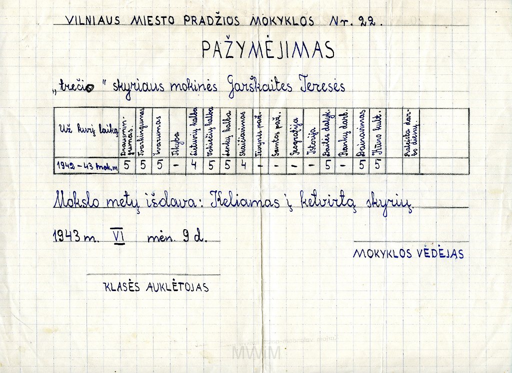 KKE 5809.jpg - (litwa) Dok. Cenzurka szkolna z klasy III dla Teresy Graszko, Wilno, 9 VI 1943 r.